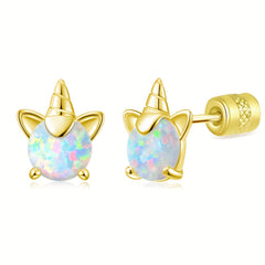 Unicorn Earrings 925 Silver Fire Opal Stud Hypoallergenic for Girls Women
