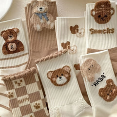 7 Pairs Cartoon Bear Print Socks Women's Stockings & Hosiery