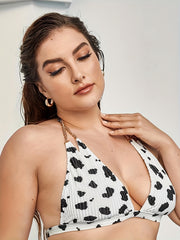 Ribbed Knit Cow Pattern Chain Linked Halter Bikini Top