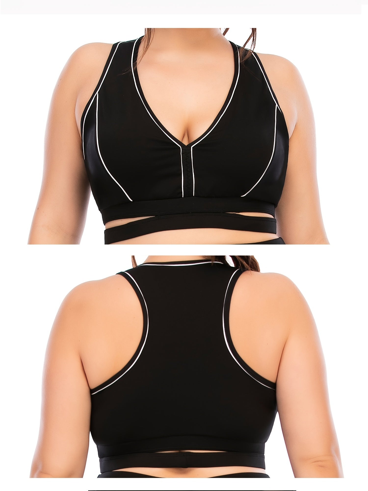 Strip Print V Neck Sports Bra Medium Stretch Fitness Bra