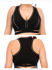 Strip Print V Neck Sports Bra Medium Stretch Fitness Bra