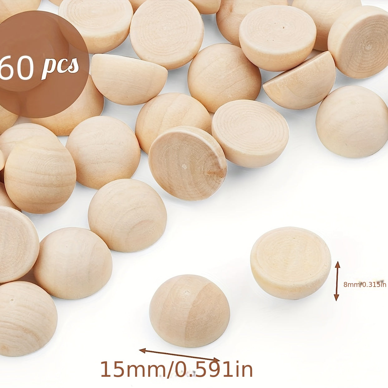 60pcs 15mm Half Wooden Beads, Paintable Balls for Crafts, Christmas Ornaments