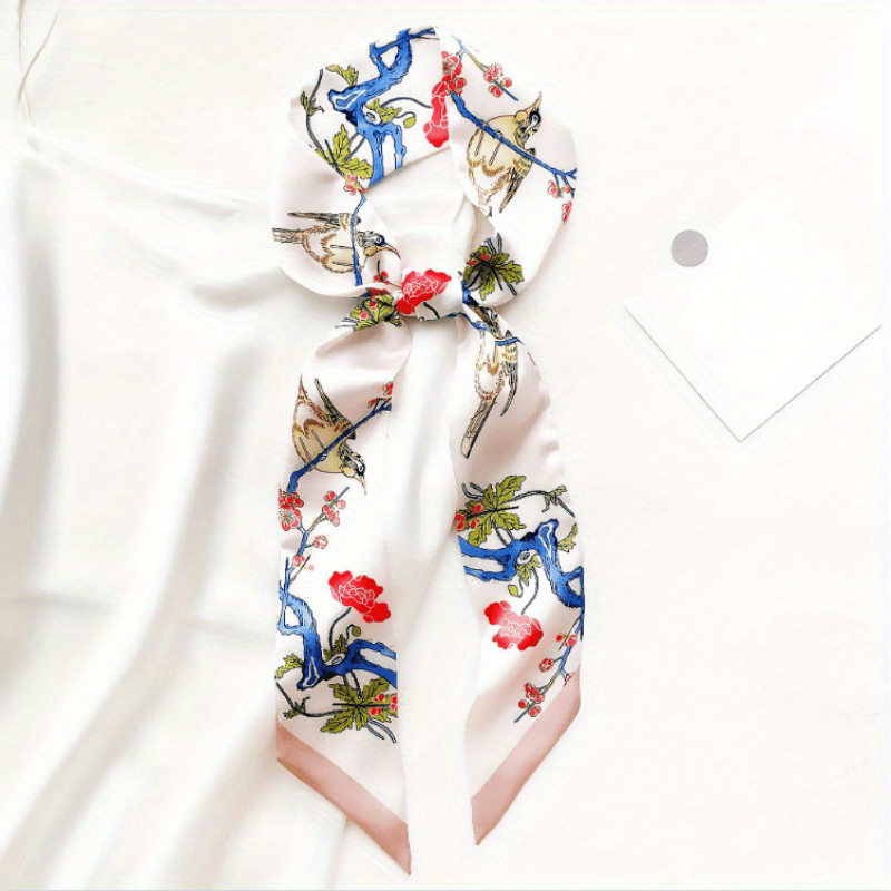 Colorful Flower Birds Skinny Scarf Printed Neckerchief Hair Ribbon