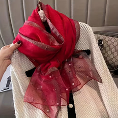 Faux Pearl Decor Scarf Casual Silk & Chiffon Shawl Scarf Wrap