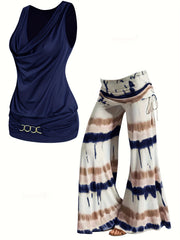 Chain Decor Tank Top & Side Tie Wide Leg Pants Set