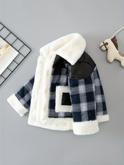 Boys Fleece Jacket Plaid Stitching Leather Winter Coat