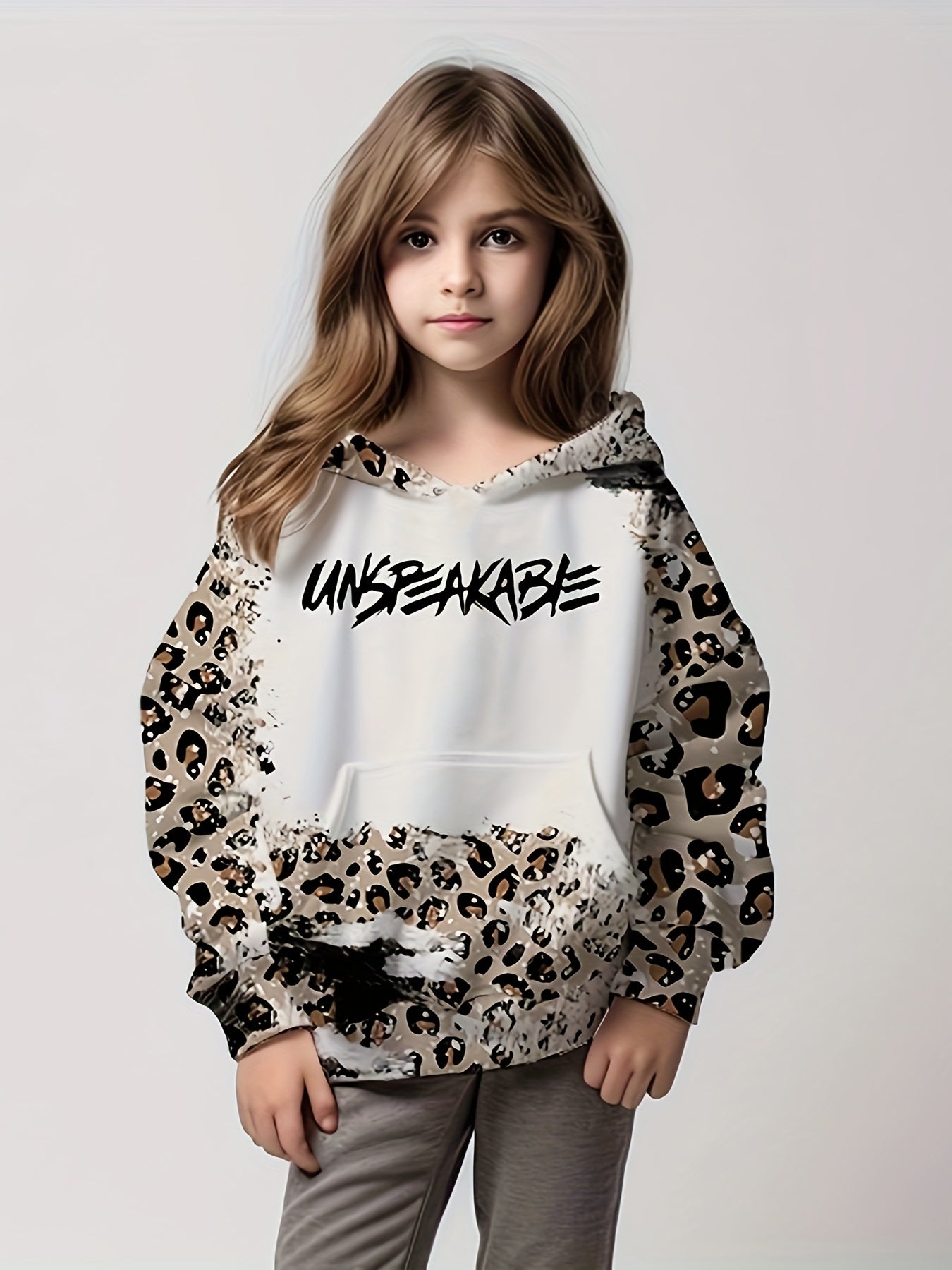 Leopard Print Letter Graphic Hoodies Girls Comfy Pocket Pullover Kids Clothes