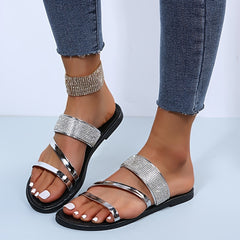 Women's Rhinestone Flat Slippers Open Round Toe Slides