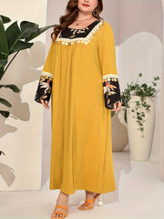 Boho Abaya Dress Women's Plus Floral Print Sequin Tassel Decor