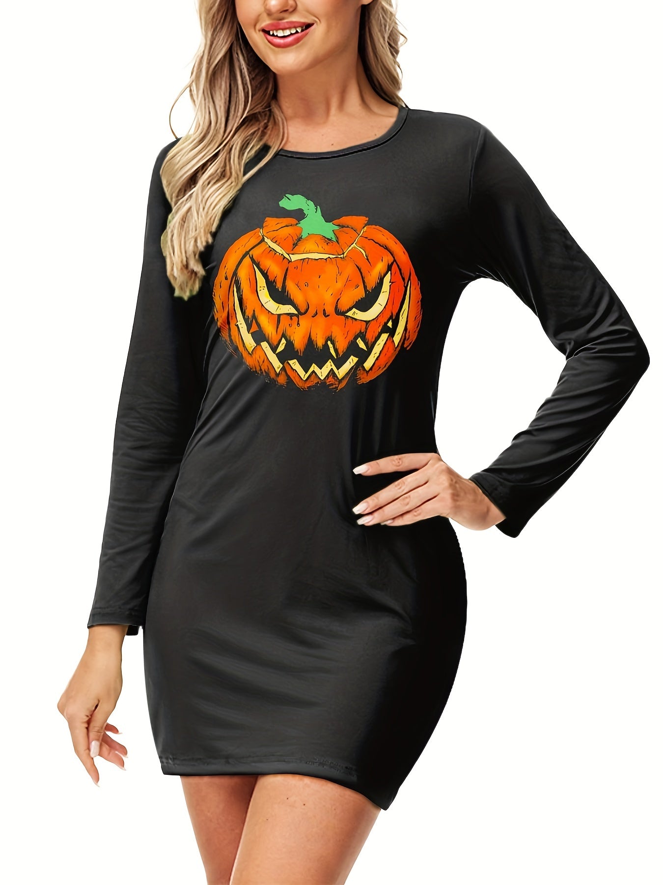 Skeleton Print Halloween Dress Crew Neck Long Sleeve Dress Women's Clothing