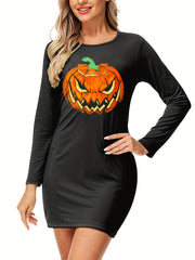 Skeleton Print Halloween Dress Crew Neck Long Sleeve Dress Women's Clothing