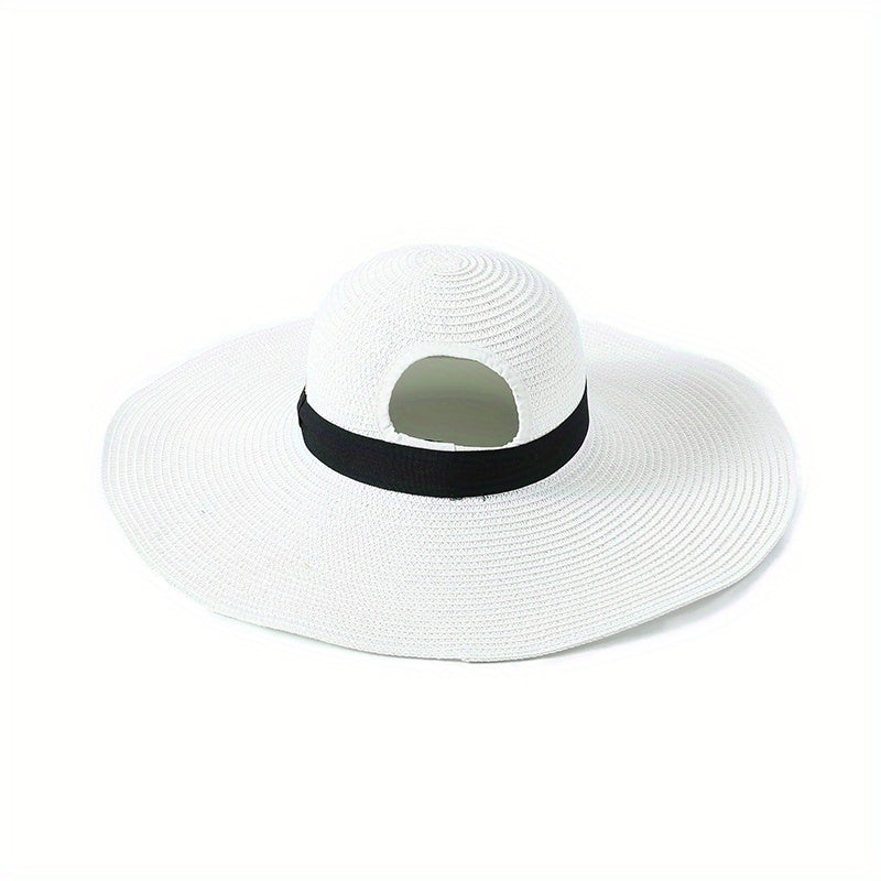 Black Hole Big Brim Sun Hat Solid Ponytail Straw Hat