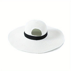 Black Hole Big Brim Sun Hat Solid Ponytail Straw Hat