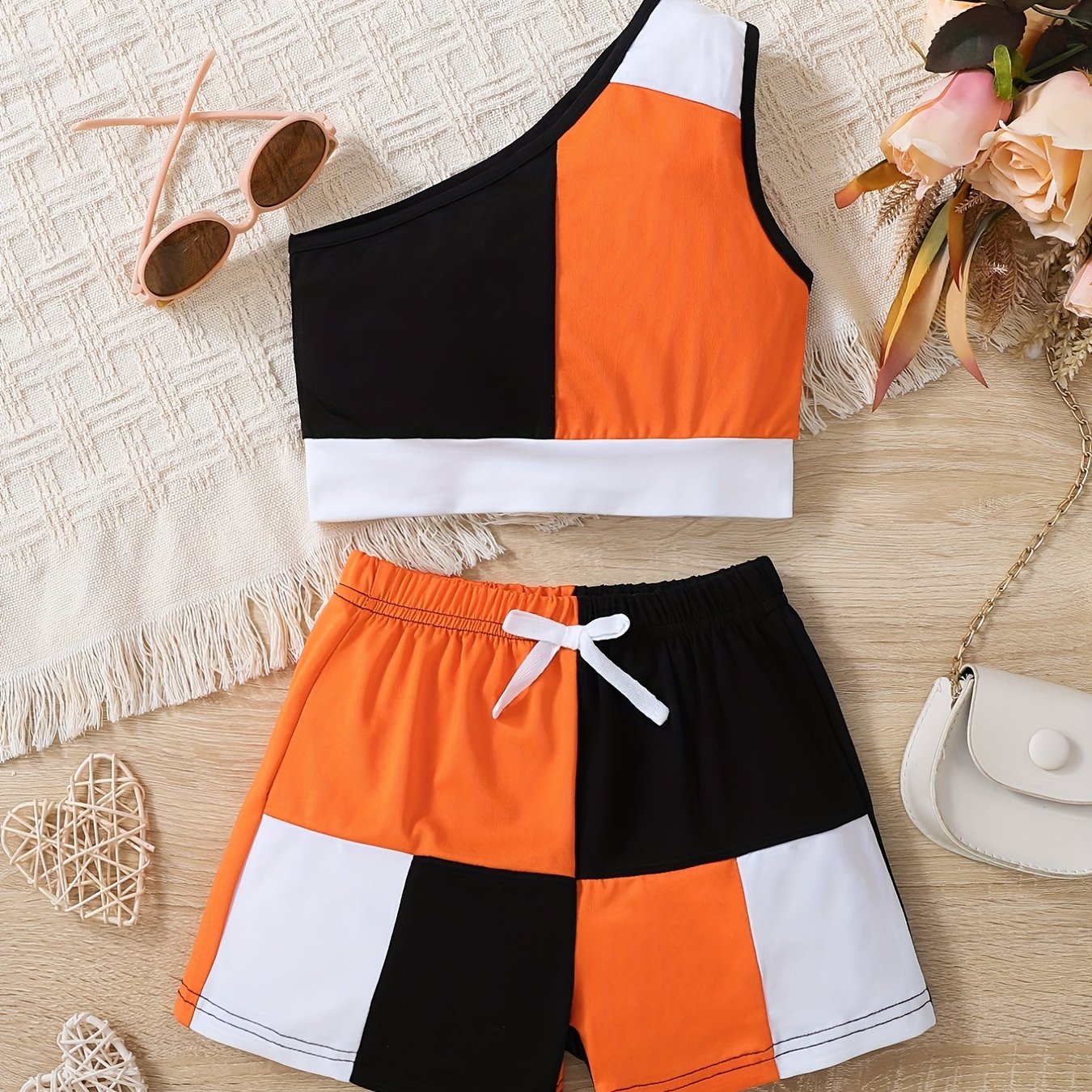 Girls Patchwork One Shoulder Top & Shorts Set For Kids Summer