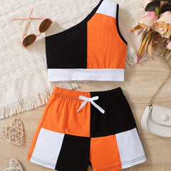 Girls Patchwork One Shoulder Top & Shorts Set For Kids Summer
