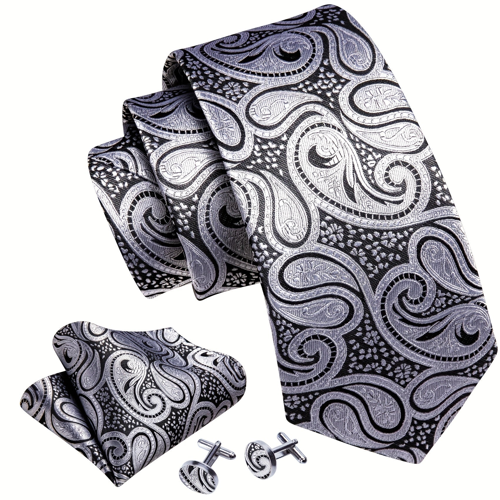 Barry Wang Men's Silver Grey Paisley Necktie Set