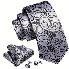 Barry Wang Men's Silver Grey Paisley Necktie Set