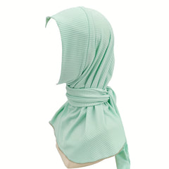 Solid Striped Hijab Snap Button Turban Head Wrap Long Shawl Head Scarf