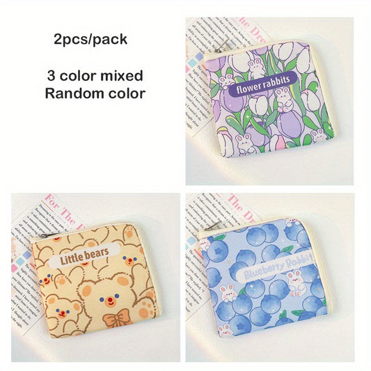 2 Pcs Cartoon Zipper Storage Bag Portable Sanitary Napkin Bag