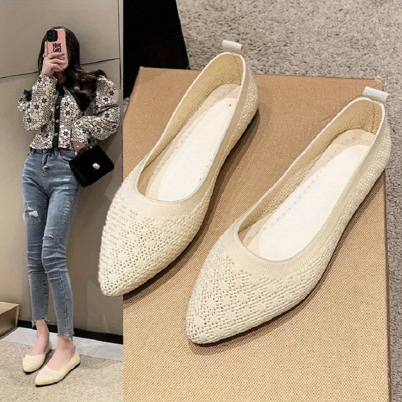 Women's Pointed Toe Ballet Flats Comfy Knitted Slip On Shoes