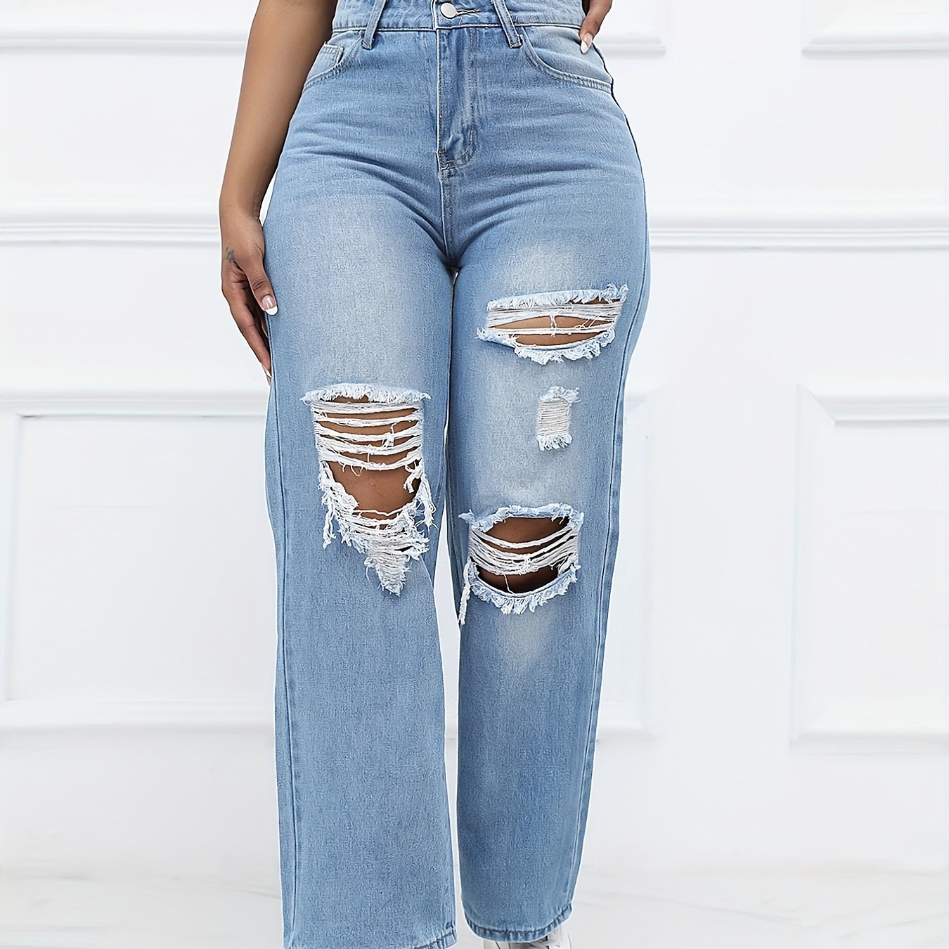 Distressed High Waist Straight Jeans Wide Leg Denim Pants