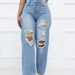 Distressed High Waist Straight Jeans Wide Leg Denim Pants