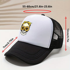 Skull Sunflower Print Baseball Cap Hip Hop Mesh Trucker Hat