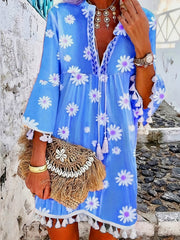 Daisy Print Tassel Dress Vacation High Waist V Neck Drawstring Dress