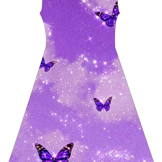 Purple Butterfly Graphic Princess Dress for Summer