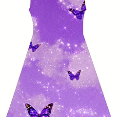 Purple Butterfly Graphic Princess Dress for Summer