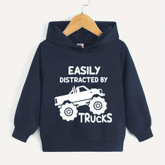 BOYS TRUCKS Letter Print Hooded Sweatshirt Spring Fall Kids Clothing