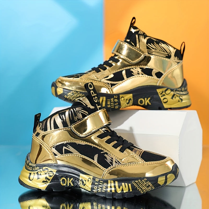 Boys Golden Sneakers With Irregular Pattern Anti Slip Hook And Loop Fastener