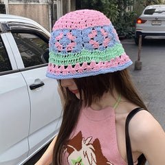 Y2K Flower Hollow Knit Bucket Hat for Women