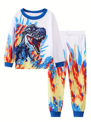 Boys Dinosaur Print Pajama Set Long Sleeve Round Neck Loungewear PJ