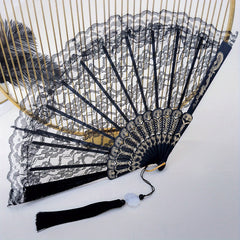 Lace Floral Pattern Folding Fan with Tassel