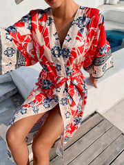 Floral Print Surplice V Neck Cover Up Kaftan Red Kimono Sleeve Coverup Dress