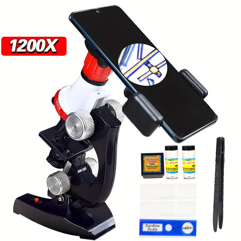 Children's Microscope 1200X 3 Objective Lenses LED Fill Light Christmas Gift