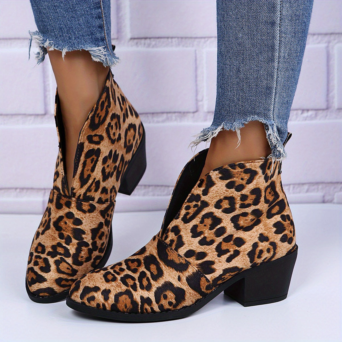 Women's Block Heel Ankle Boots Round Toe V cut Slip On Shoes Anti skid
