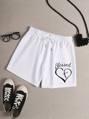Women's Plus Cross Heart & Letter Drawstring Shorts