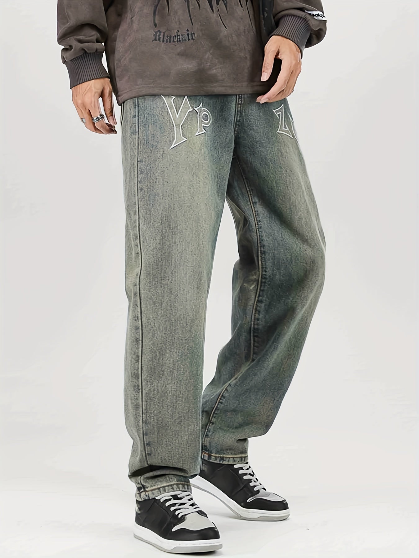 Men's Loose Fit Letter Print Jeans Casual Street Style Denim Pants