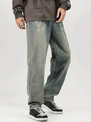 Men's Loose Fit Letter Print Jeans Casual Street Style Denim Pants