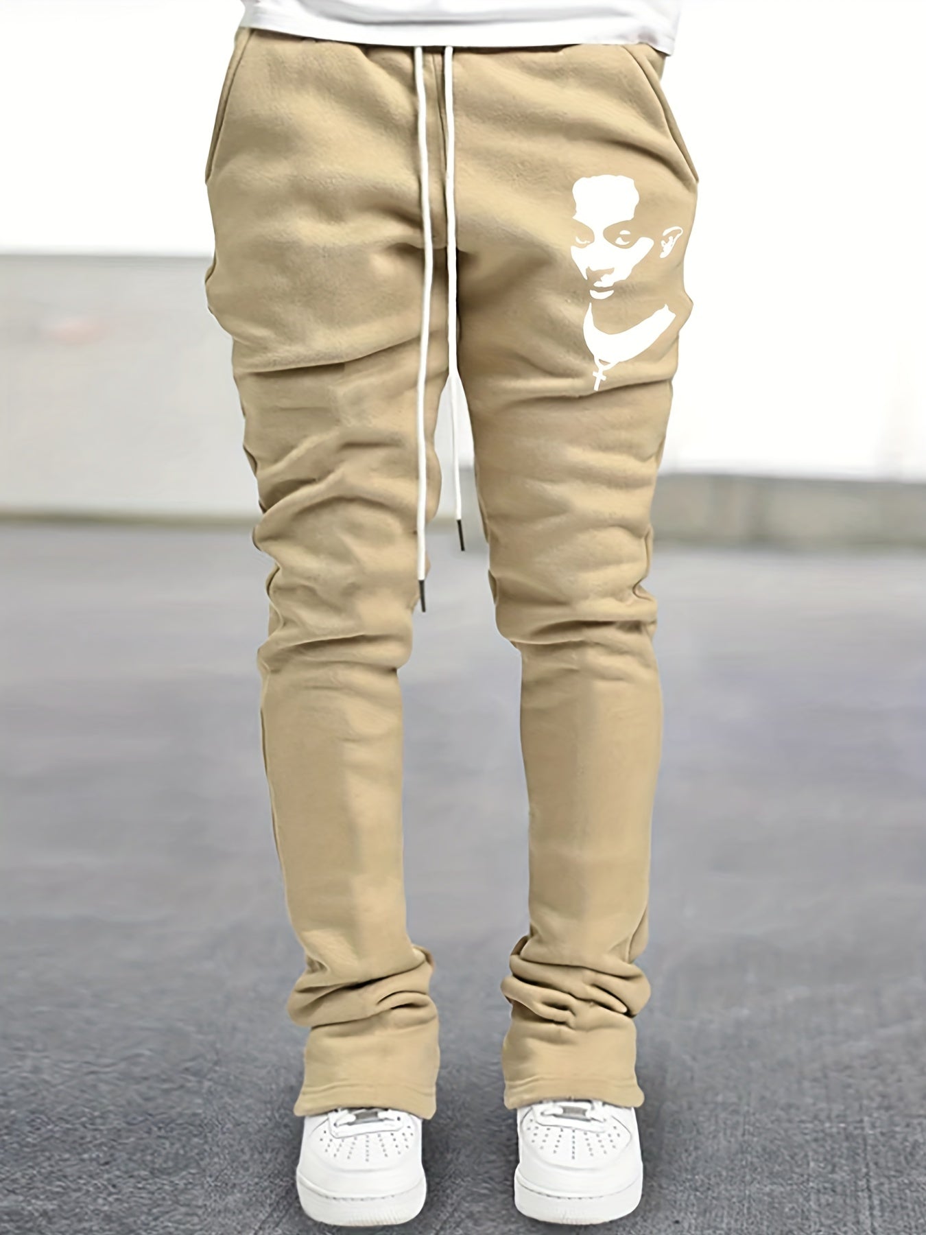 Men's Drawstring Bell bottom Pants Portray Pattern Casual Slim Pants