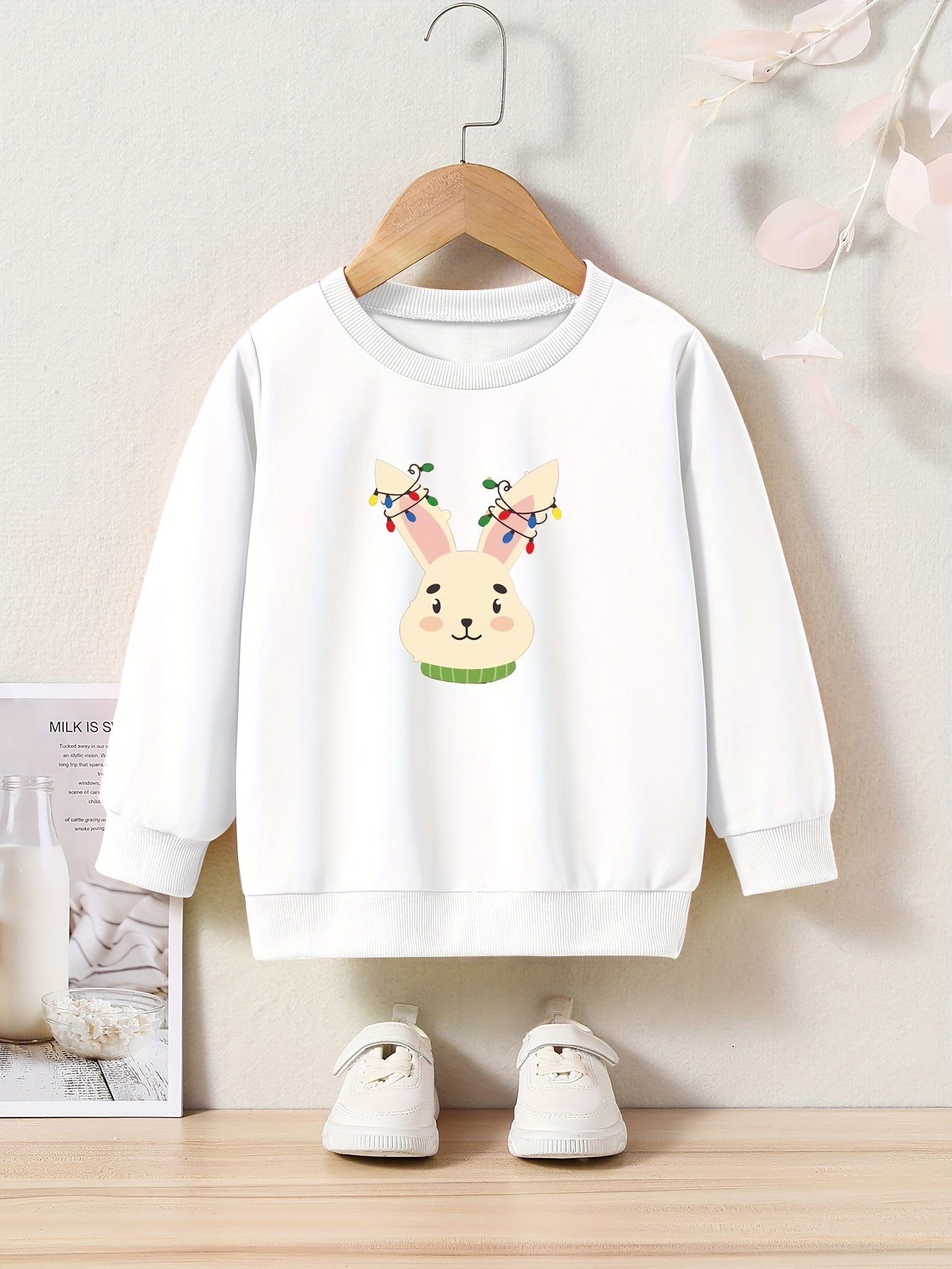 Christmas Light Bunny Graphic Crew Neck Long Sleeve Sweatshirt Kids