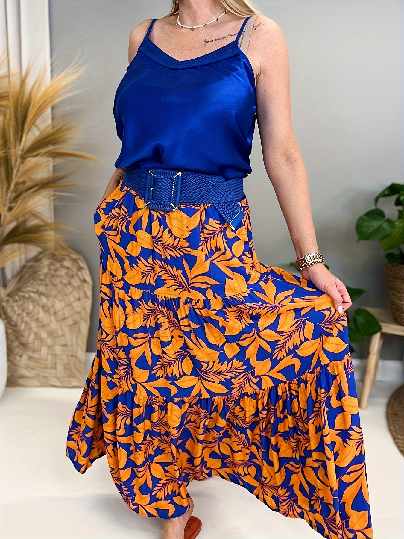 Women's Plus Floral Print High Rise Smock Maxi Skirt With Pockets