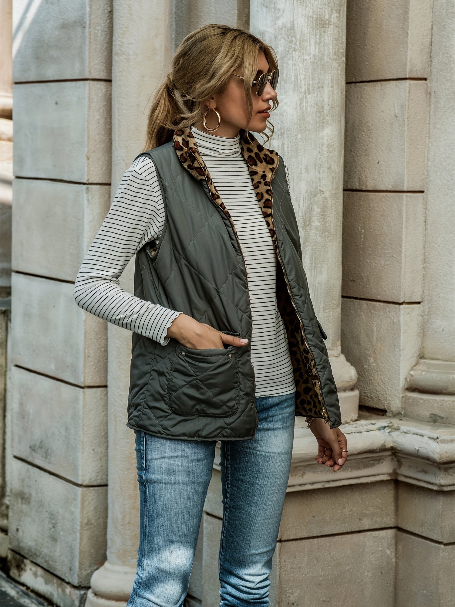 Solid Zip Up Vest Stand Collar Sleeveless Vest With Pockets