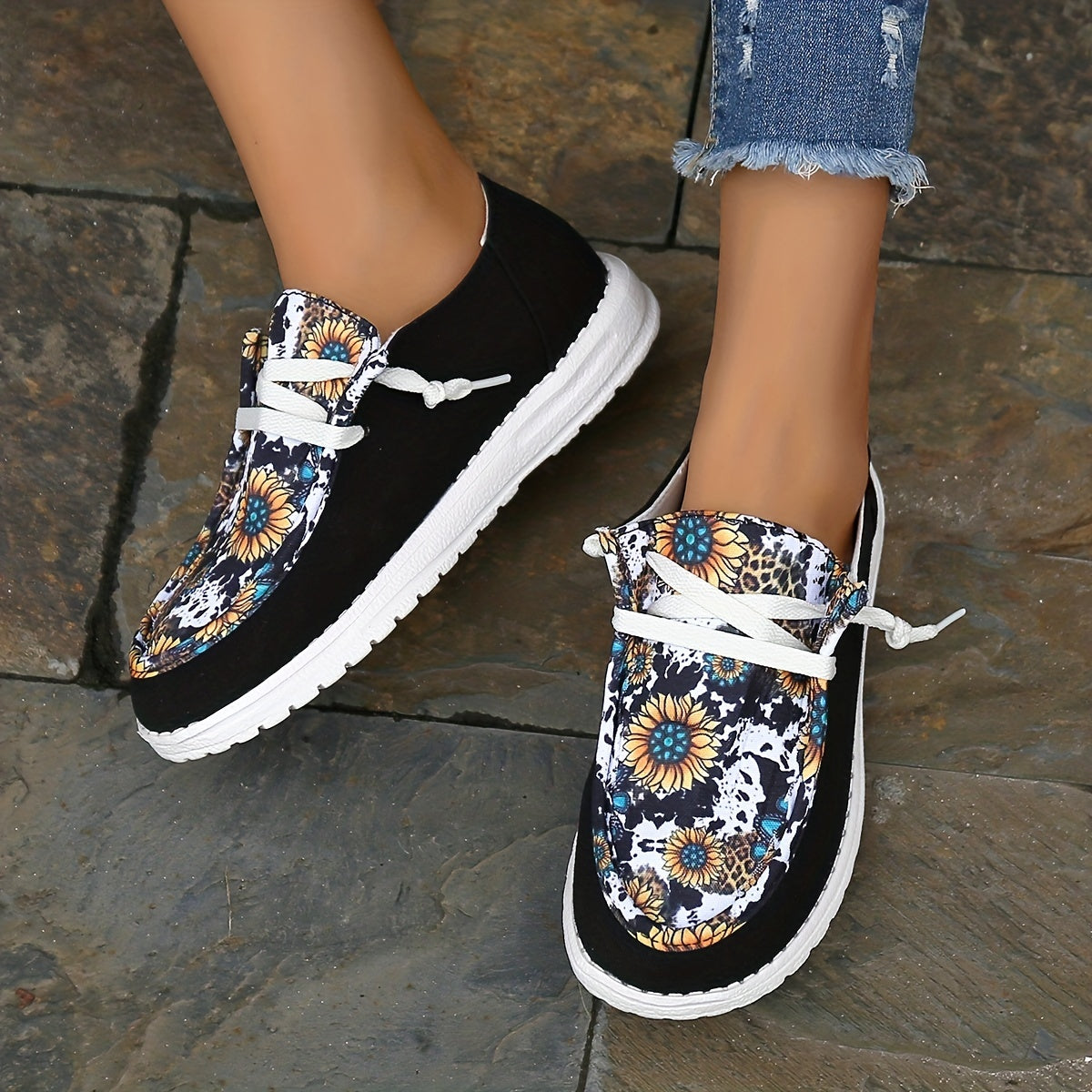 Women's Sunflower Printed Flat Loafers Casual Lace Up Canvas Shoes