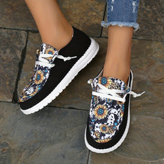Women's Sunflower Printed Flat Loafers Casual Lace Up Canvas Shoes