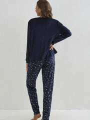 Snowflake Print Christmas Pajama Set Long Sleeve Top & Pants