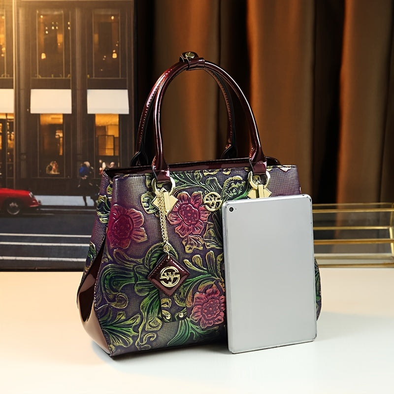Vintage Floral Embossed Women's Handbag Purple & Green Crossbody Bag