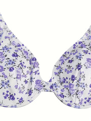 Vacay Bikini Top Women's Plus Floral Print Ribbed Tie Back Swimwear